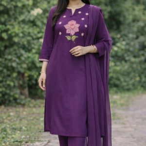 Cotton 3pc Set With Pant And Dupatta Violet