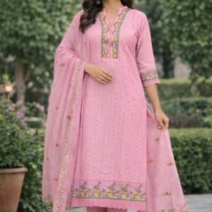 Cotton 3pc Set With Pant&Dupatta Pink