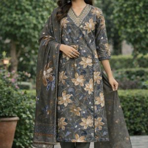 Cotton 3pc Set With Pant&Dupatta Grey