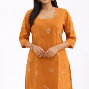 Mustard Orange Cotton Kurti With Lining&3/4 Sleeves