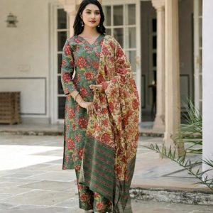 Bottle Green Cotton 3-Piece Casual Kurti Set