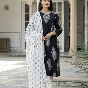 Black&White cotton 3 Piece Casual kurti Set