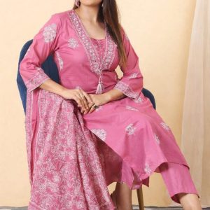Wine Print Cotton kurti Set With Printed Dupatta