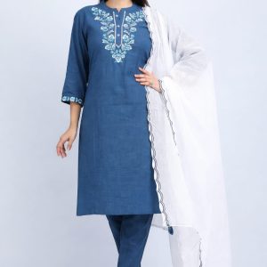 Indigo Blue Embroidered Cotton Kurti Set