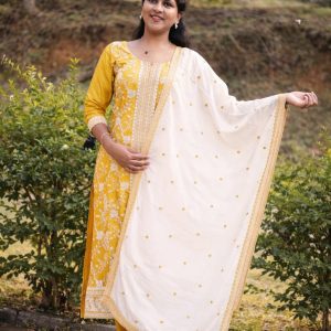 Vichitra Silk Embroidery Work 3pc Set (Yellow)