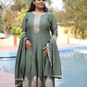 Deep olive Green With Antique Gold Embroidery