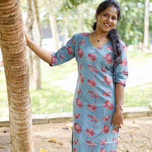 Dusty blue With Red Floral Prints Cotton Kurti