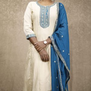 Creame & Teal Blue Anarkali 3pc Set